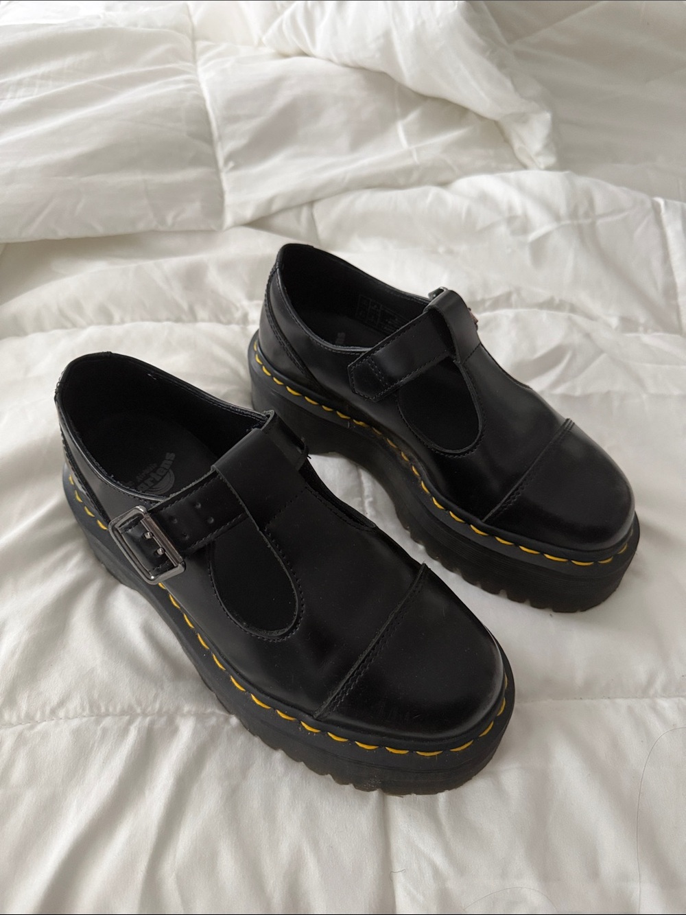 Dr. Martens Black Mary Jane Platform Shoes with Yellow Stitching